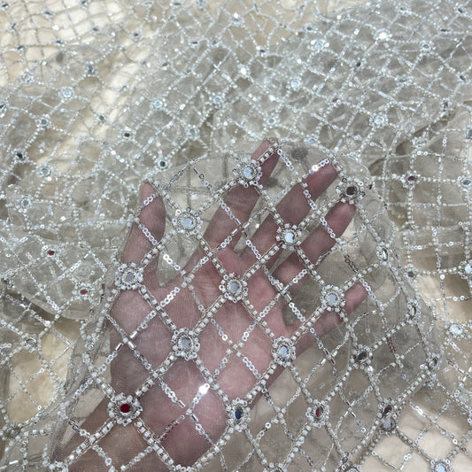 Premium Net Embroidery Fabric with Sequins & Mirror Work