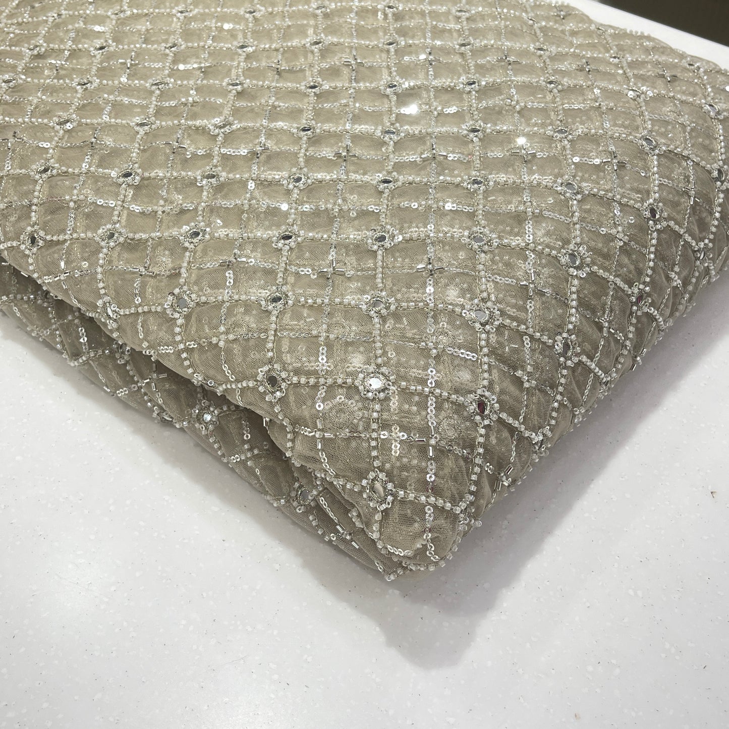 Premium Net Embroidery Fabric with Sequins & Mirror Work