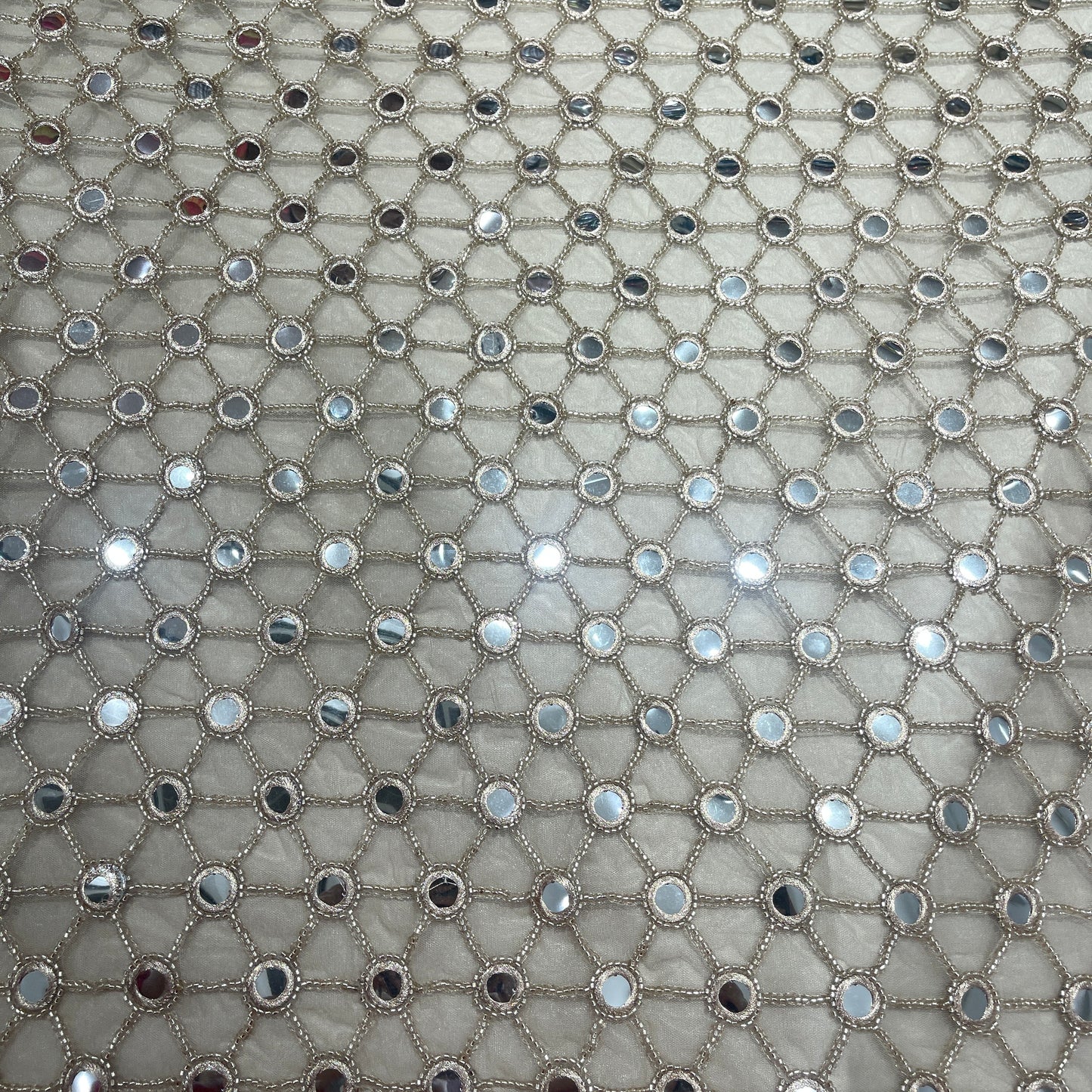 Premium Champagne Mirror Work Embroidered Net Fabric