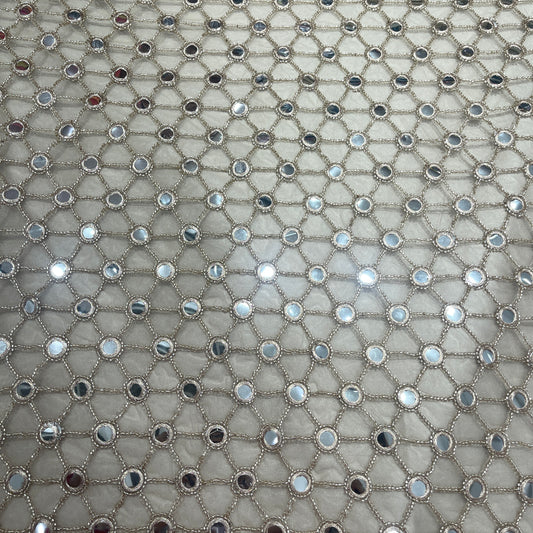 Premium Champagne Mirror Work Embroidered Net Fabric