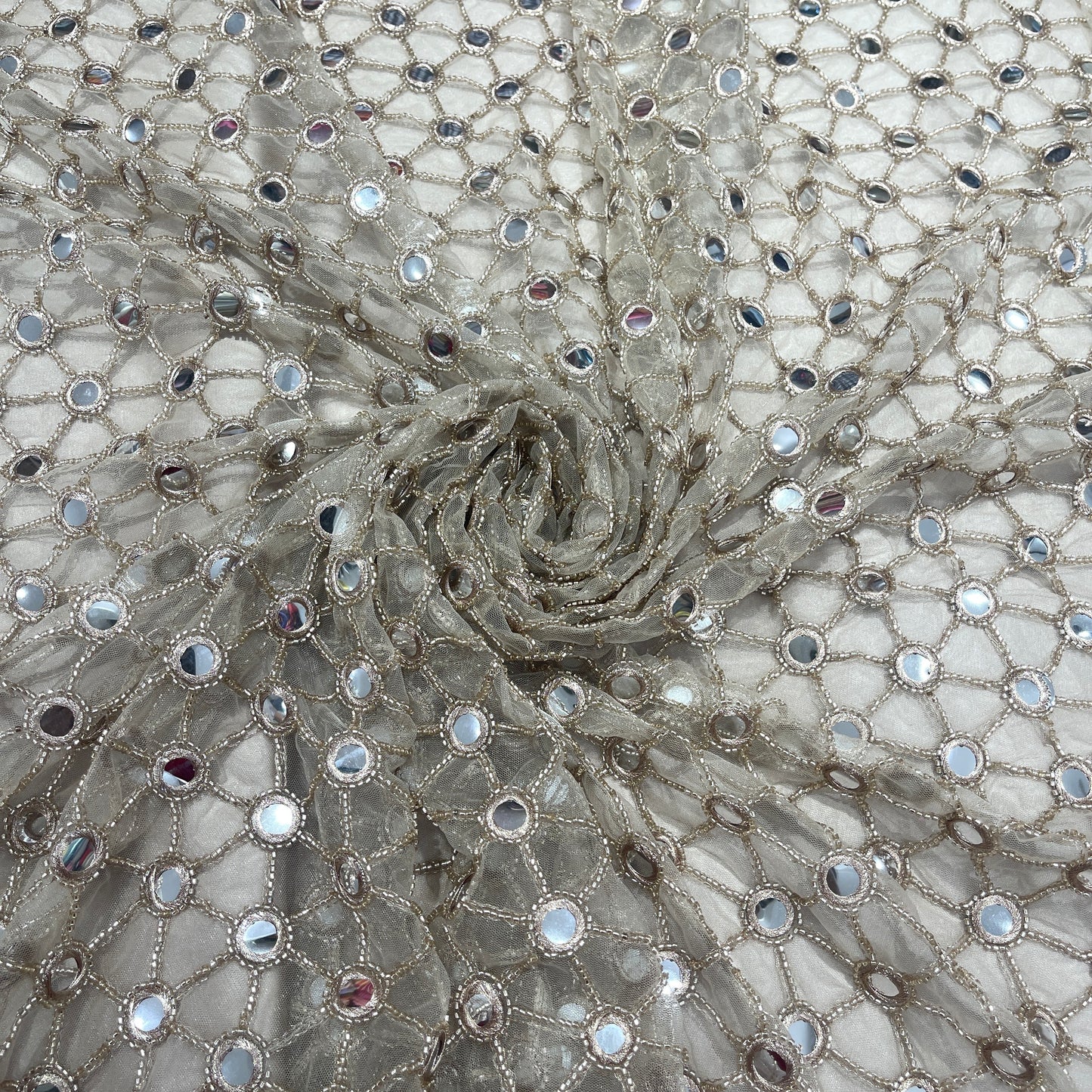 Premium Champagne Mirror Work Embroidered Net Fabric