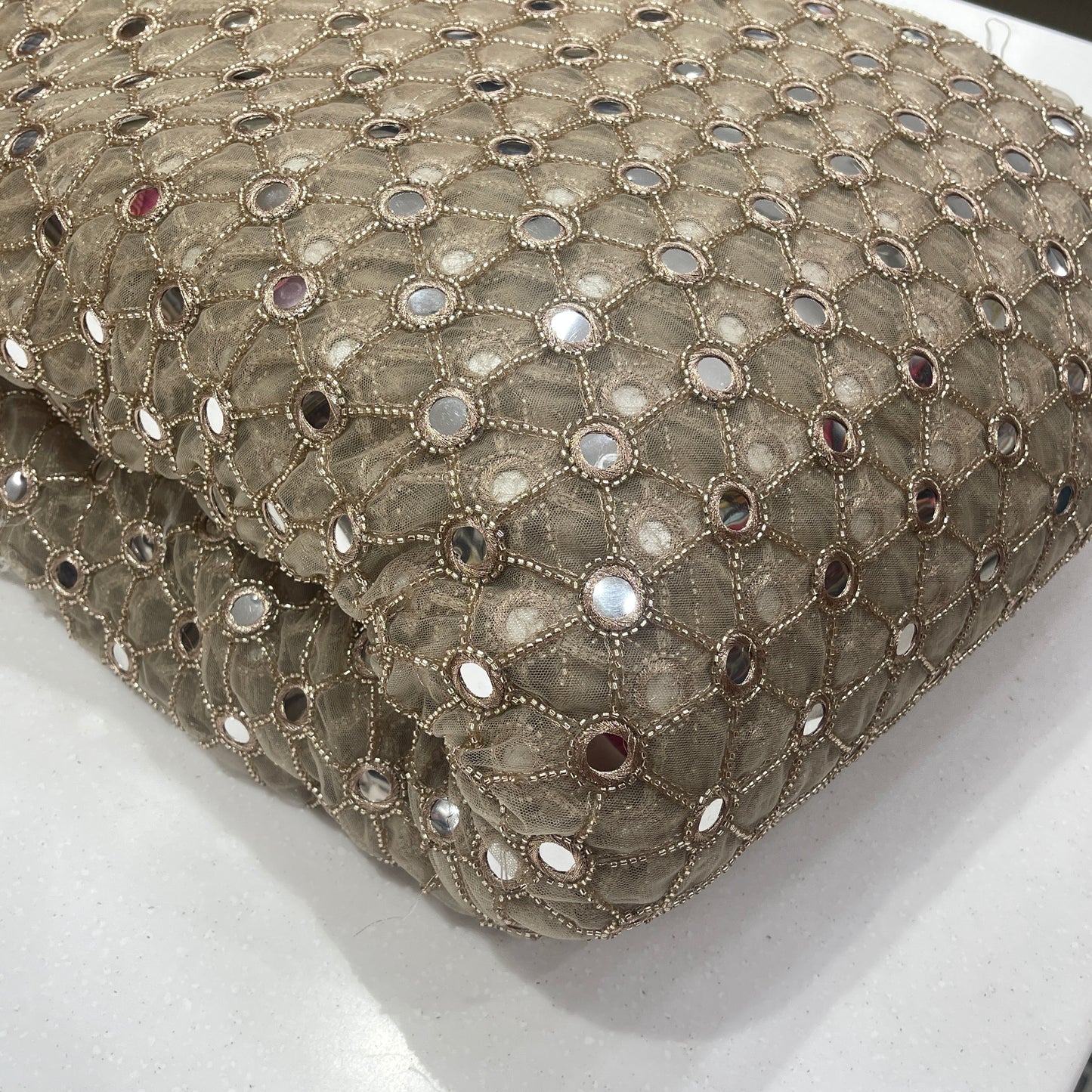 Premium Champagne Mirror Work Embroidered Net Fabric
