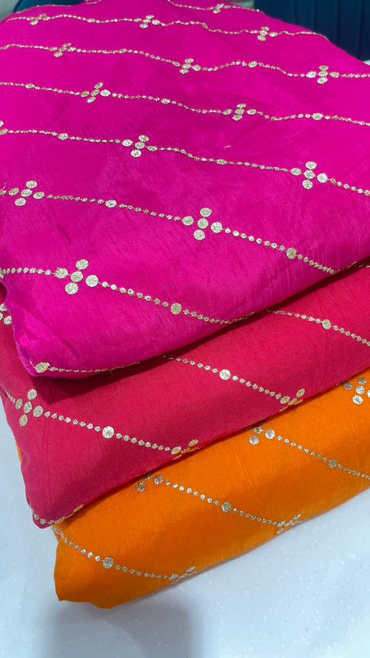 Elegant Coloured Foil Printed Fabric with Gold Buti Lines – Premium Festive Wear Material