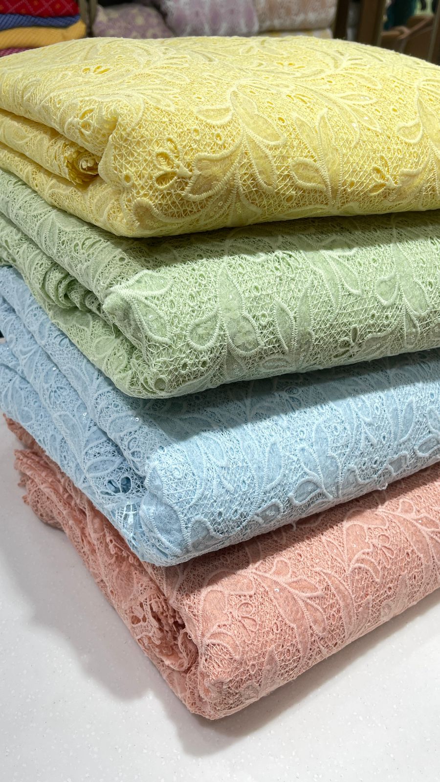 Pastel Green Crosia Cutwork Embroidered Fabric with Sequin Detailing – 54” Width |