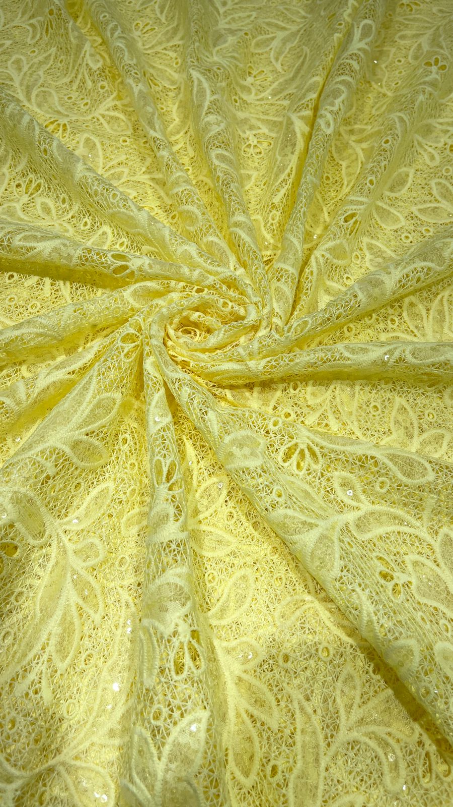 Pastel Green Crosia Cutwork Embroidered Fabric with Sequin Detailing – 54” Width |