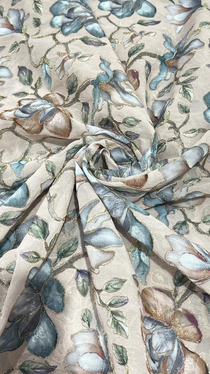 Beige Georgette Fabric with Blue & Brown Floral Digital Print