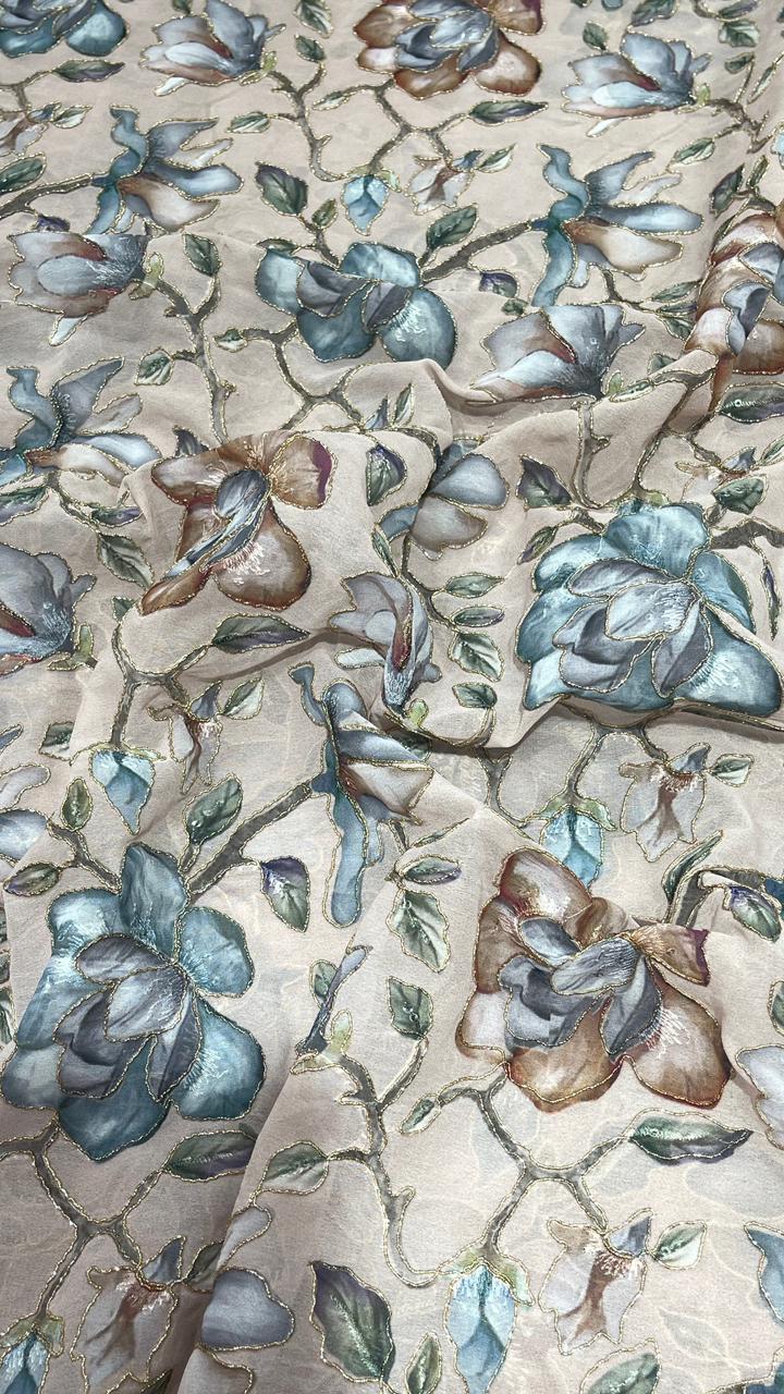 Beige Georgette Fabric with Blue & Brown Floral Digital Print