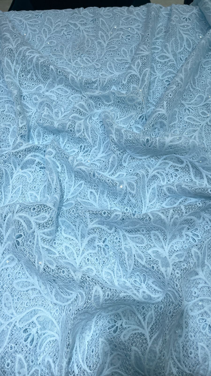 Pastel Green Crosia Cutwork Embroidered Fabric with Sequin Detailing – 54” Width |