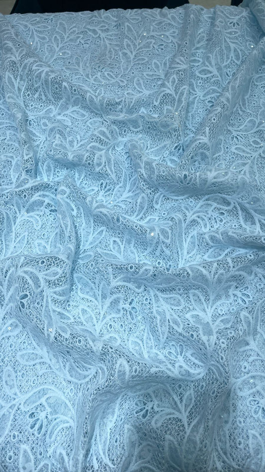 Pastel Green Crosia Cutwork Embroidered Fabric with Sequin Detailing – 54” Width |