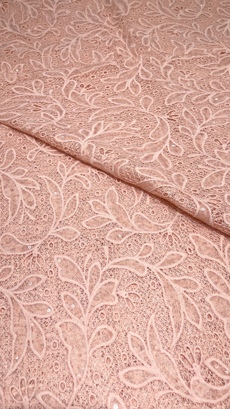 Pastel Green Crosia Cutwork Embroidered Fabric with Sequin Detailing – 54” Width |