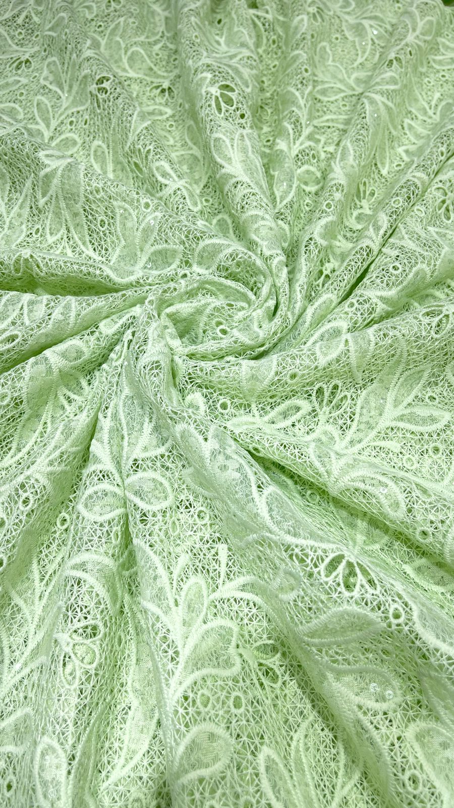 Pastel Green Crosia Cutwork Embroidered Fabric with Sequin Detailing – 54” Width |