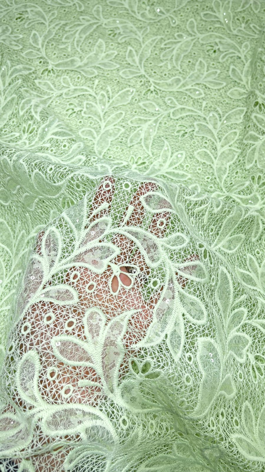 Pastel Green Crosia Cutwork Embroidered Fabric with Sequin Detailing – 54” Width |