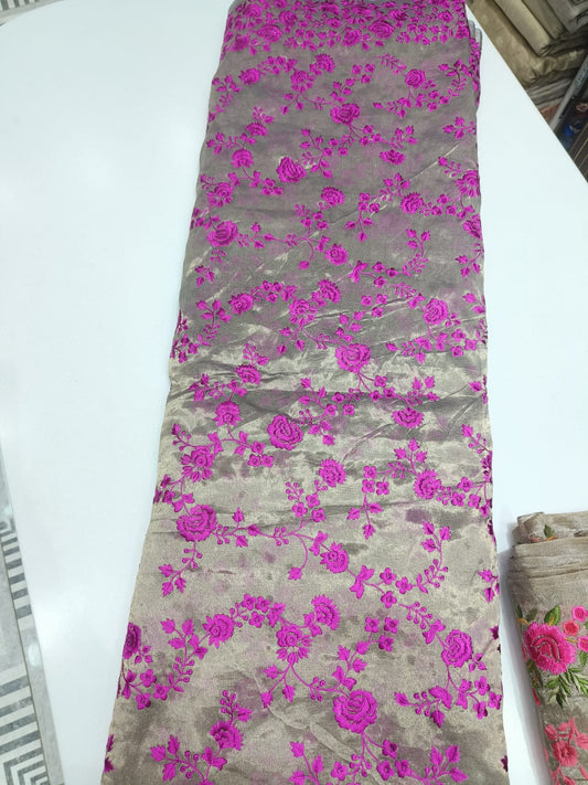 Pure Silk Tissue Floral Embroidery Fabric – Beige & Magenta