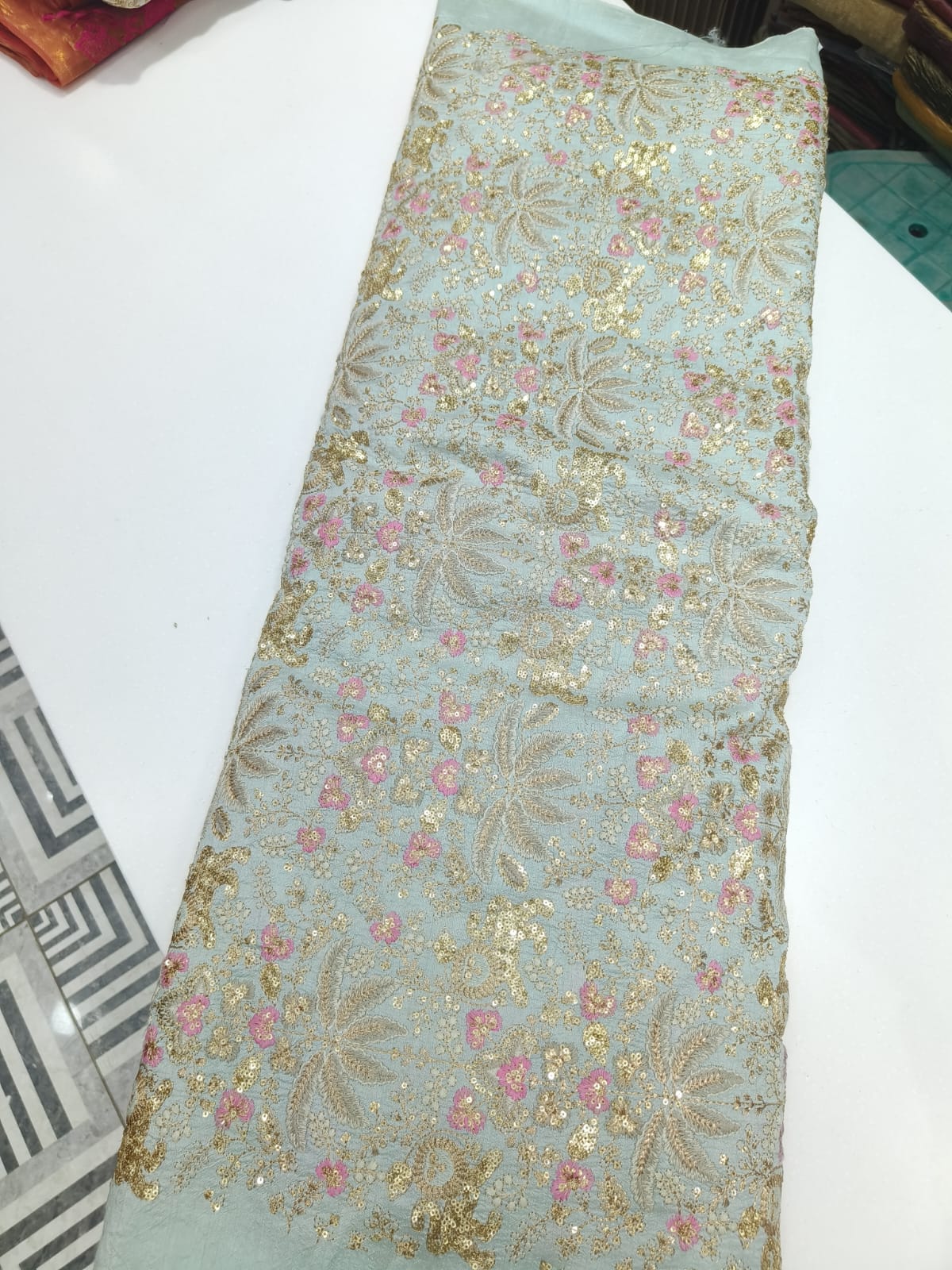 Elegant Beige Net Fabric with Gold Sequin Embroidery & Pink Floral Design