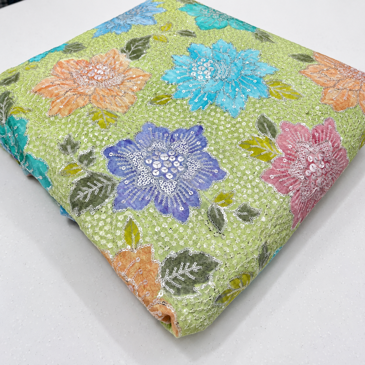 Premium Floral Embroidered Sequin Crepe Fabric