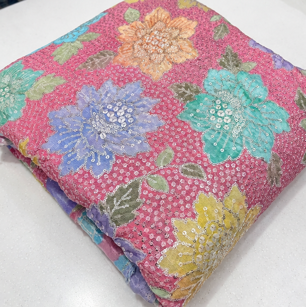 Premium Floral Embroidered Sequin Crepe Fabric