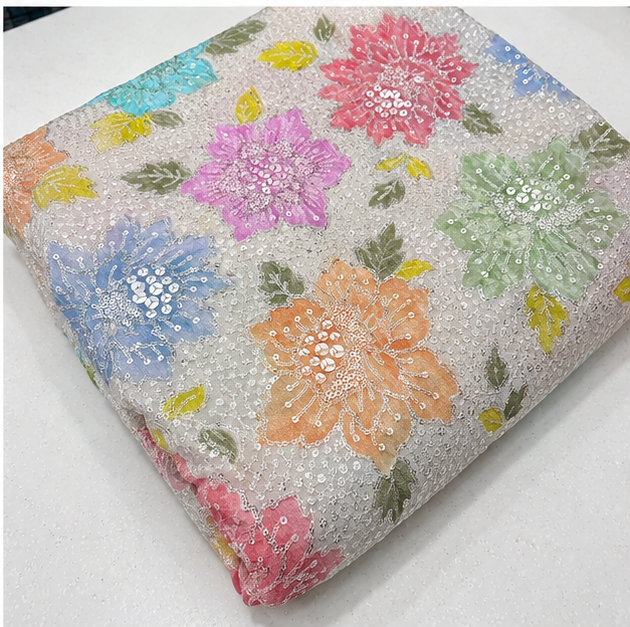 Premium Floral Embroidered Sequin Crepe Fabric