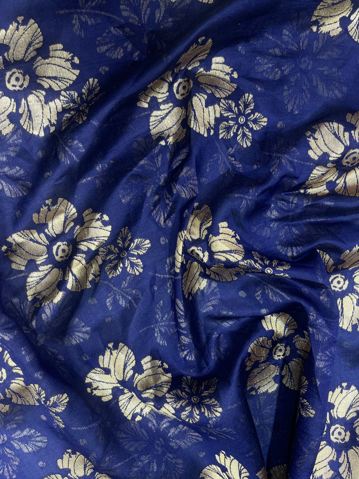 Pure Silk Banarasi Brocade Fabric – Royal Blue with Gold Floral Zari