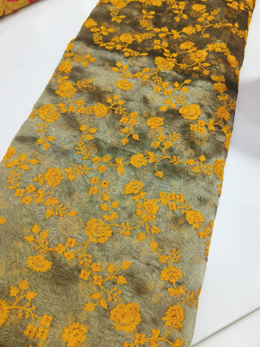 Pure Silk Tissue Floral Embroidery Fabric – Olive Green & Mustard