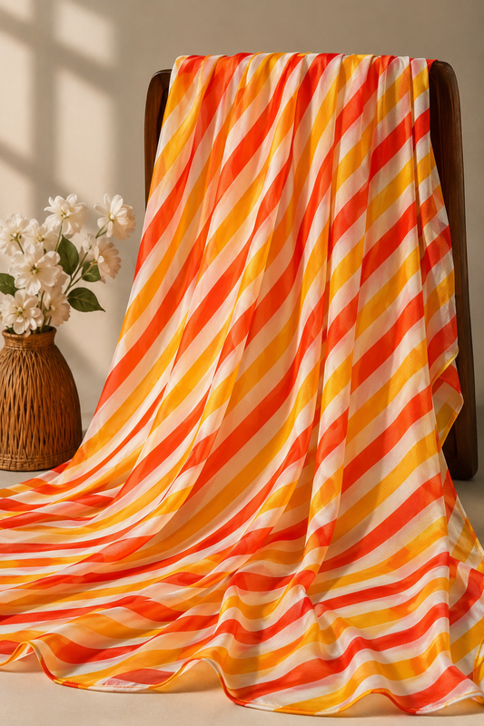 Sunset Stripe Crepe & Chiffon Fabric Combo – Orange, Yellow & White Designer Print