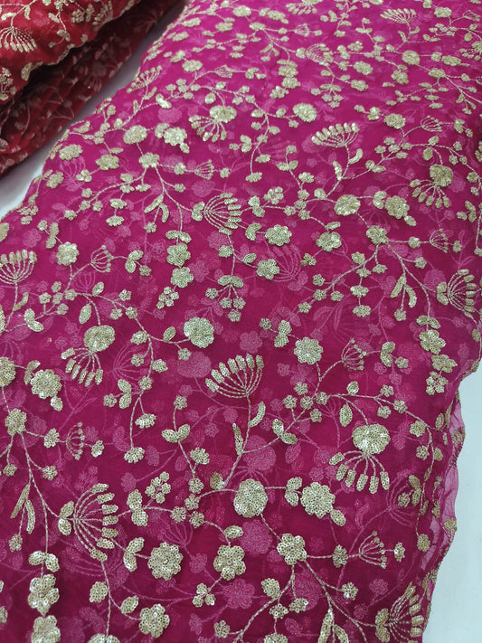Pure Silk Organza Zari Embroidery Fabric – Rani Pink