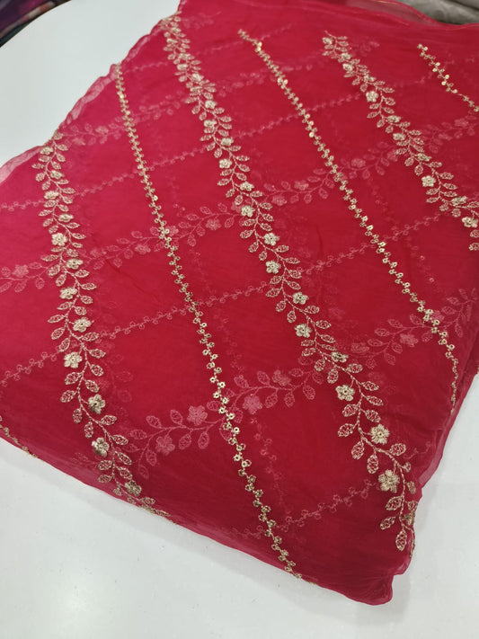 Pure Silk Organza Zari Embroidery Fabric – Classic Red