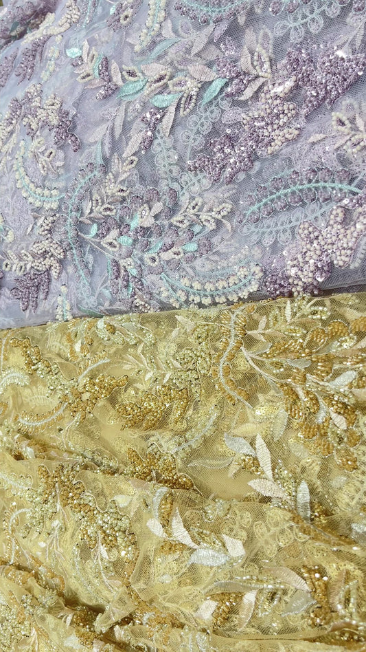 Luxury 3D Floral Sequin Embroidered Net Fabric – Silver, Champagne & Mint