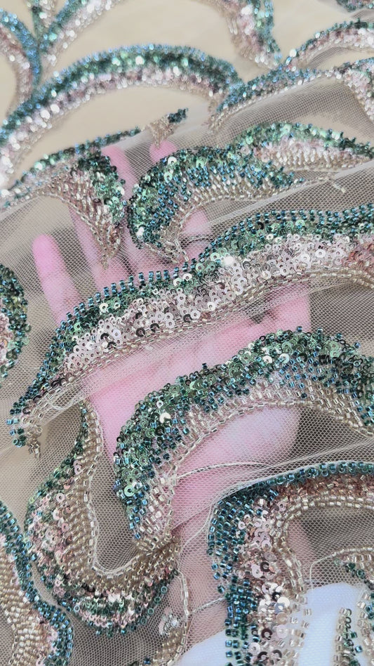 Luxury Sequin Embroidered Net Fabric – Floral Paisley Vine Design