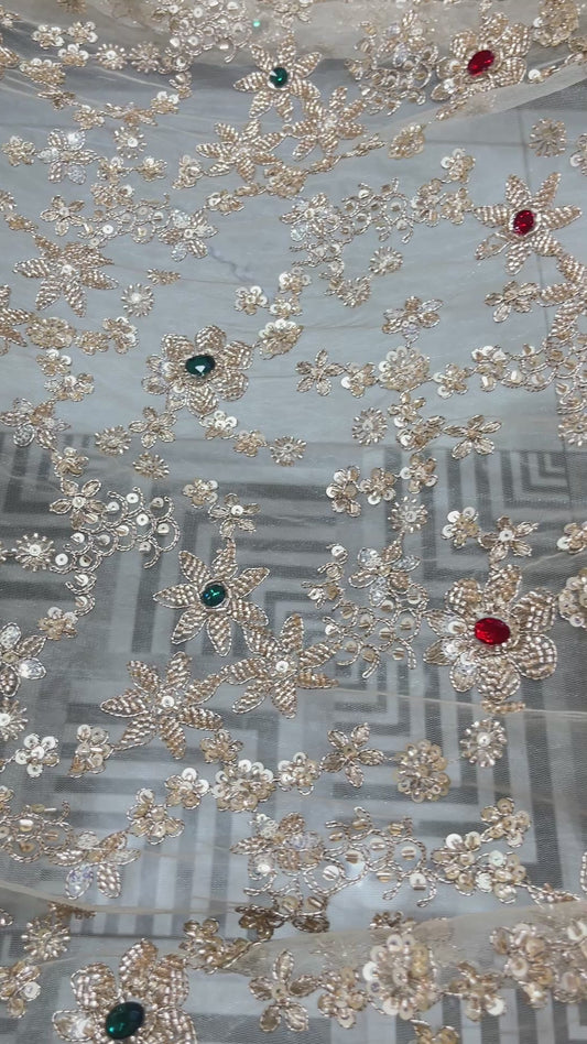 Premium Floral Net Embroidery Fabric with Sequin & Stone Work