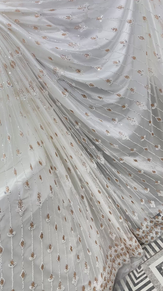 White Sheer Net Fabric with Gold & Silver Embroidery & Sequin Border